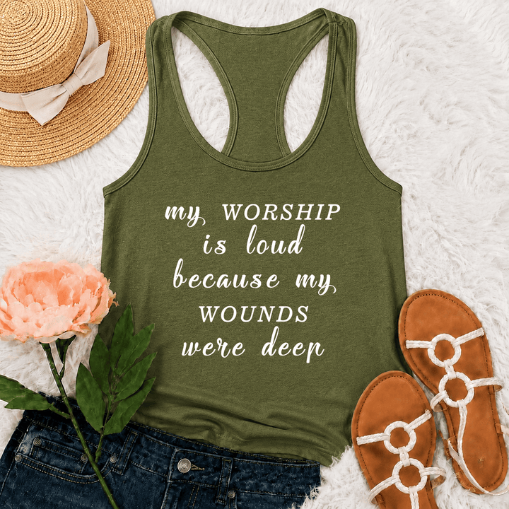 Christianartworkshop Mein Gottesdienst ist laut, weil meine Wunden tief waren Gemischte Schriftart Inspirierender Text Racerback Tanktop - Armeegrün - 2XL - image 15