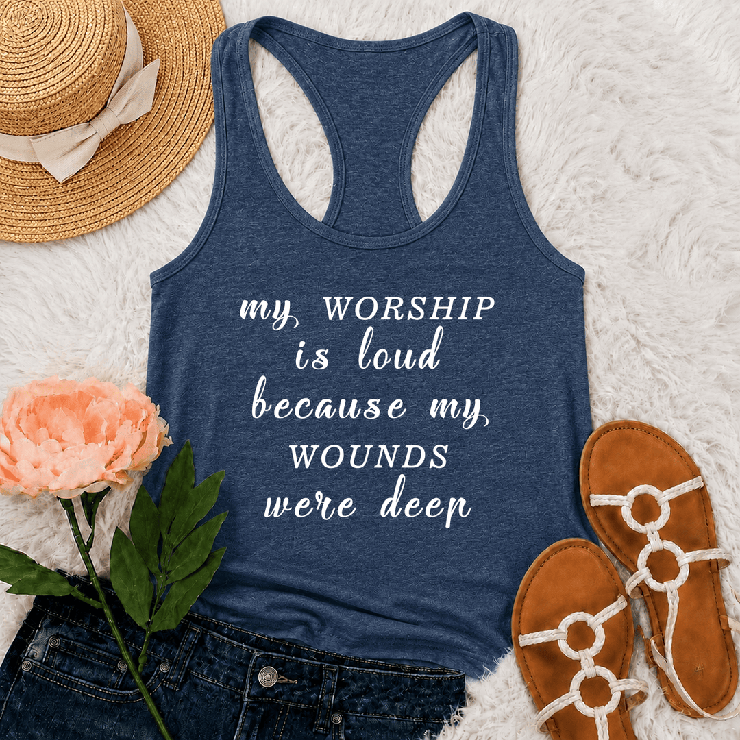Christianartworkshop Mein Gottesdienst ist laut, weil meine Wunden tief waren Gemischte Schriftart Inspirierender Text Racerback Tanktop - Marineblau - 2XL - image 18