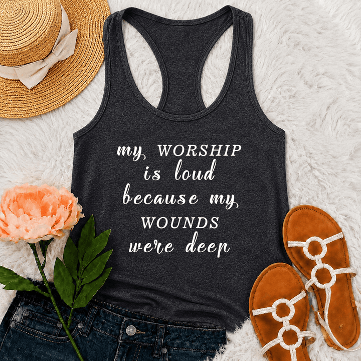 Christianartworkshop Mein Gottesdienst ist laut, weil meine Wunden tief waren Gemischte Schriftart Inspirierender Text Racerback Tanktop - Grau - 2XL - image 6