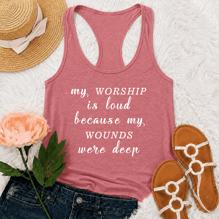 Christianartworkshop Mein Gottesdienst ist laut, weil meine Wunden tief waren Gemischte Schriftart Inspirierender Text Racerback Tanktop - Rosa - 2XL - image 27