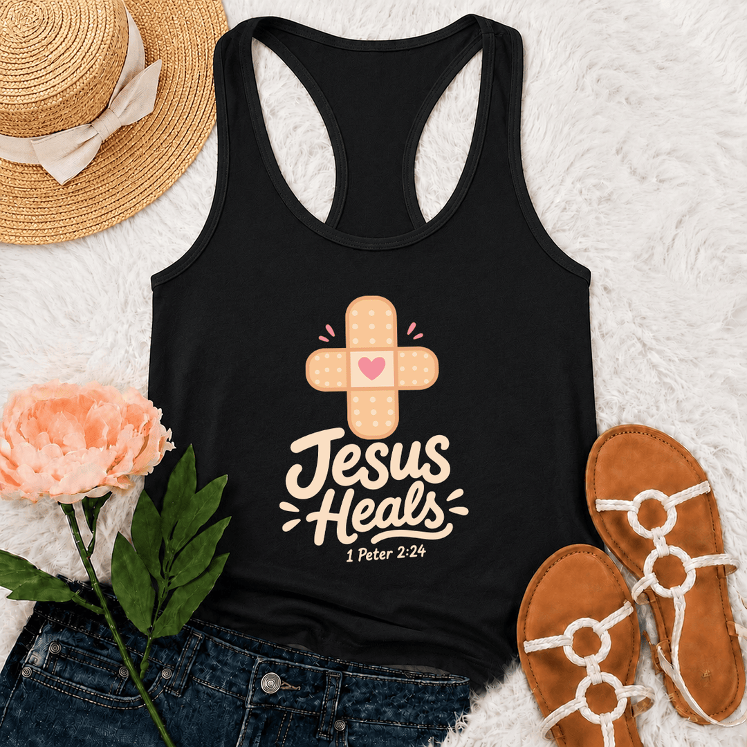 Christianartworkshop Jesus heilt Kreuz Pflaster Herz Cartoon Grafik 1 Petrus 2:24 Racerback Tank Top - Schwarz - 2XL - image 15