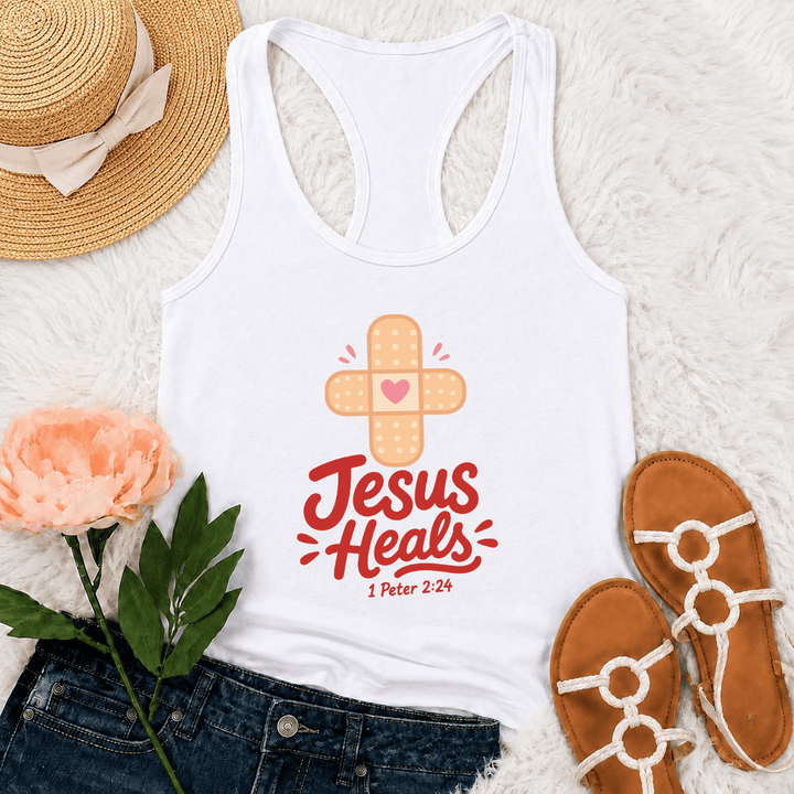Christianartworkshop Jesus heilt Kreuz Pflaster Herz Cartoon Grafik 1 Petrus 2:24 Racerback Tank Top - Weiß - 2XL - image 6