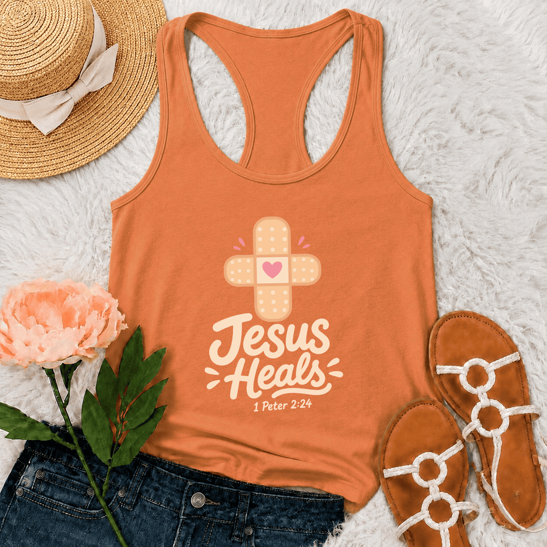 Christianartworkshop Jesus heilt Kreuz Pflaster Herz Cartoon Grafik 1 Petrus 2:24 Racerback Tank Top - Orange - 2XL - image 12