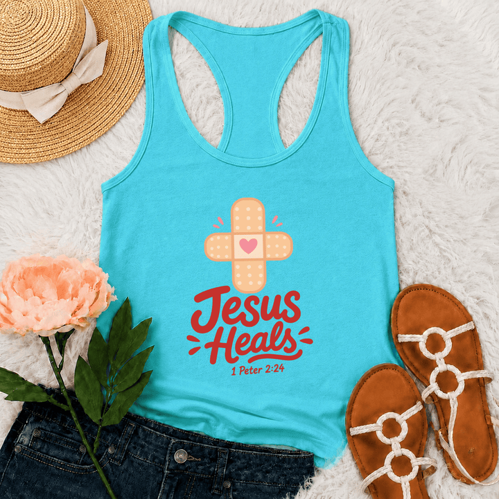 Christianartworkshop Jesus heilt Kreuz Pflaster Herz Cartoon Grafik 1 Petrus 2:24 Racerback Tank Top - Minze - 2XL - image 0