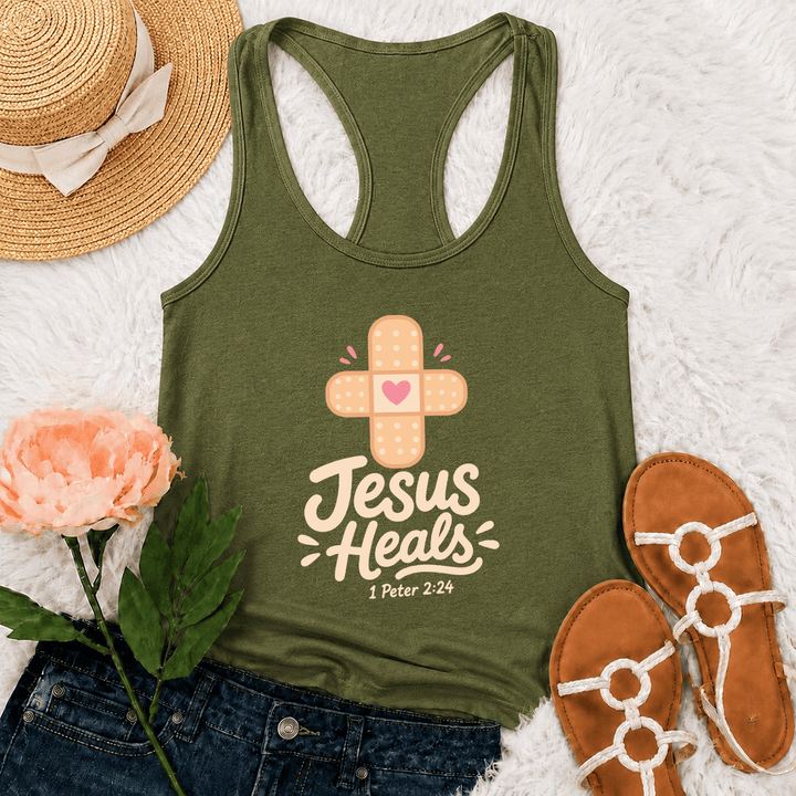 Christianartworkshop Jesus heilt Kreuz Pflaster Herz Cartoon Grafik 1 Petrus 2:24 Racerback Tank Top - Armeegrün - 2XL - image 18