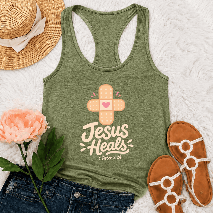 Christianartworkshop Jesus heilt Kreuz Pflaster Herz Cartoon Grafik 1 Petrus 2:24 Racerback Tank Top - Olivgrün - 2XL - image 24