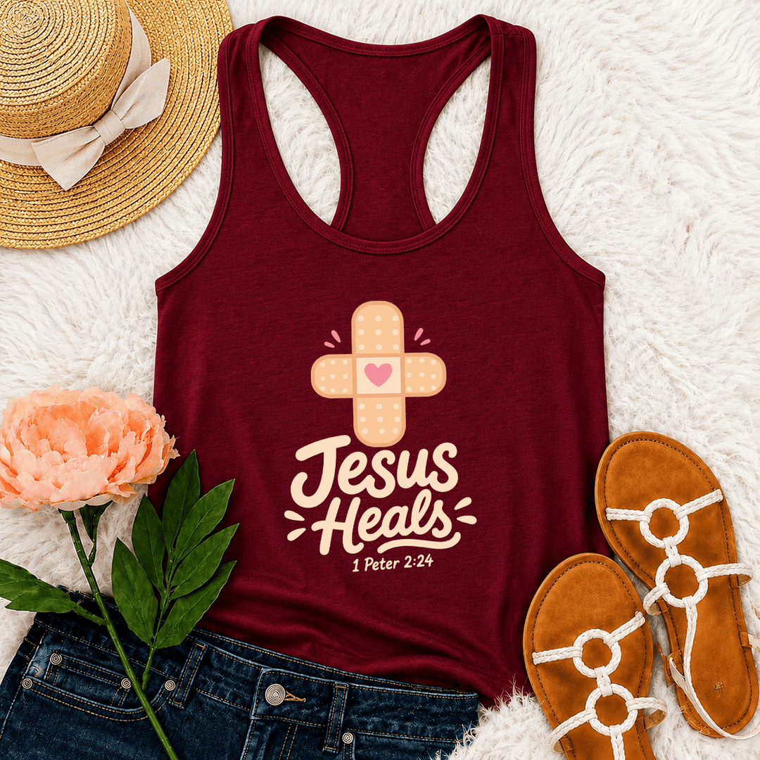 Christianartworkshop Jesus heilt Kreuz Pflaster Herz Cartoon Grafik 1 Petrus 2:24 Racerback Tank Top - Wein - 2XL - image 3