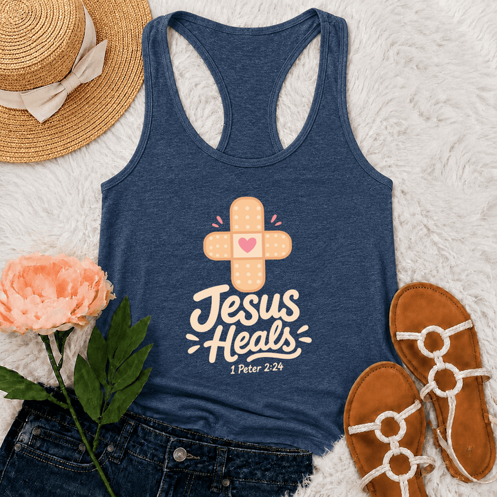 Christianartworkshop Jesus heilt Kreuz Pflaster Herz Cartoon Grafik 1 Petrus 2:24 Racerback Tank Top - Marineblau - 2XL - image 21