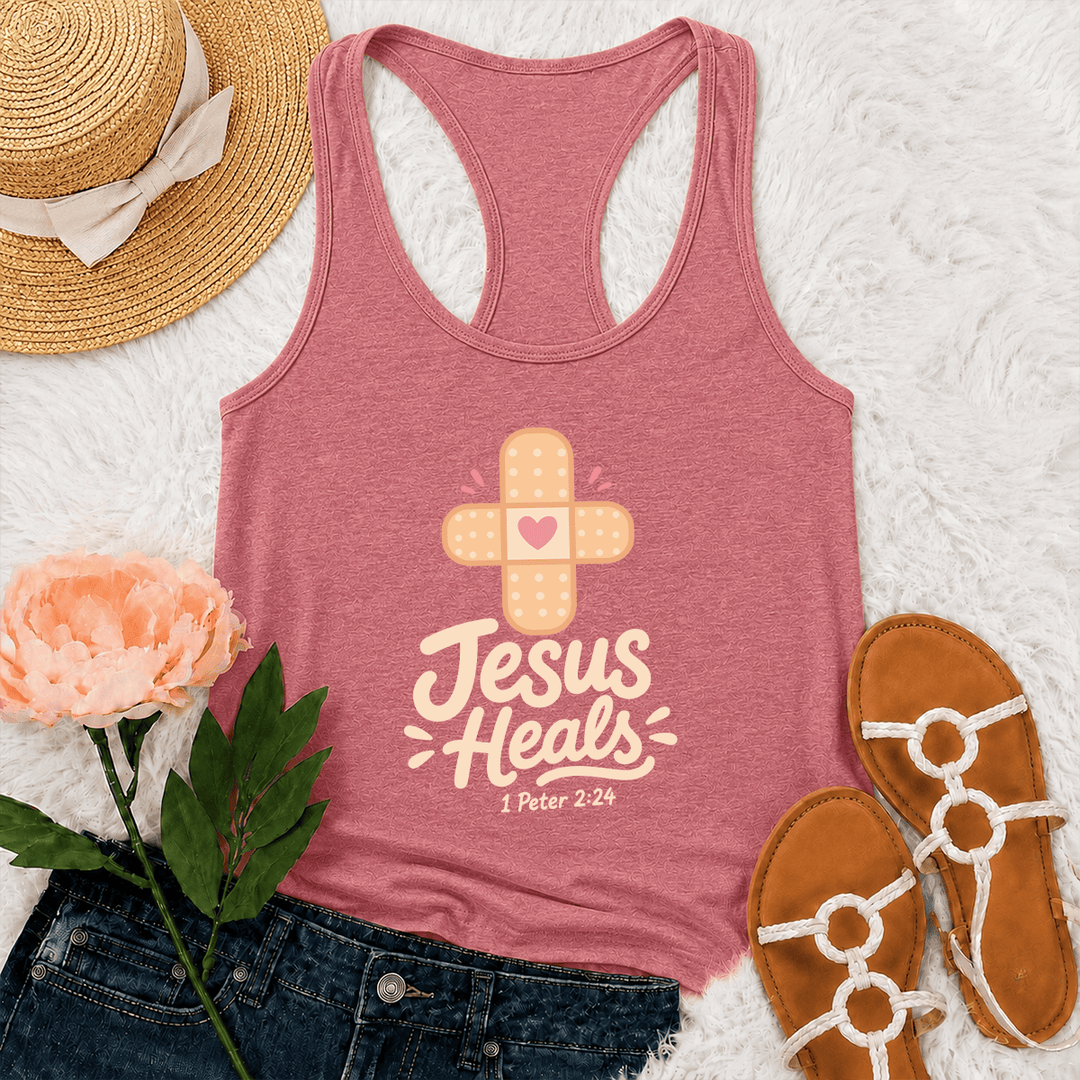 Christianartworkshop Jesus heilt Kreuz Pflaster Herz Cartoon Grafik 1 Petrus 2:24 Racerback Tank Top - Rosa - 2XL - image 27