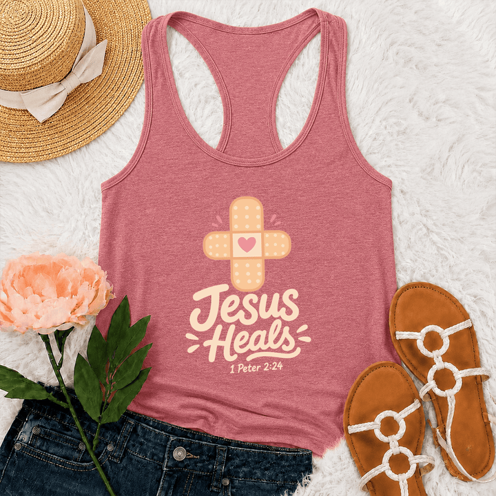 Christianartworkshop Jesus heilt Kreuz Pflaster Herz Cartoon Grafik 1 Petrus 2:24 Racerback Tank Top - Rosa - 2XL - image 27