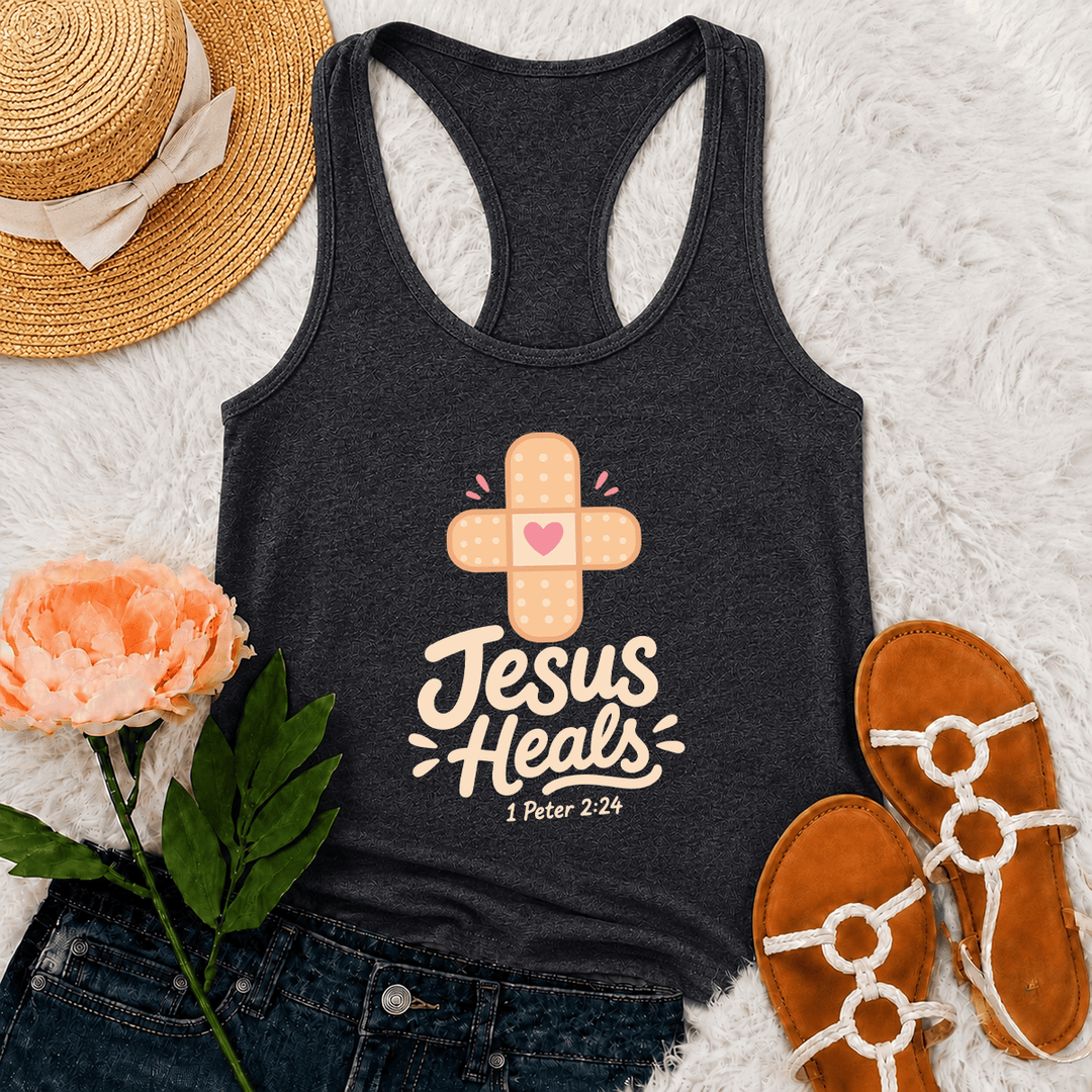 Christianartworkshop Jesus heilt Kreuz Pflaster Herz Cartoon Grafik 1 Petrus 2:24 Racerback Tank Top - Grau - 2XL - image 9