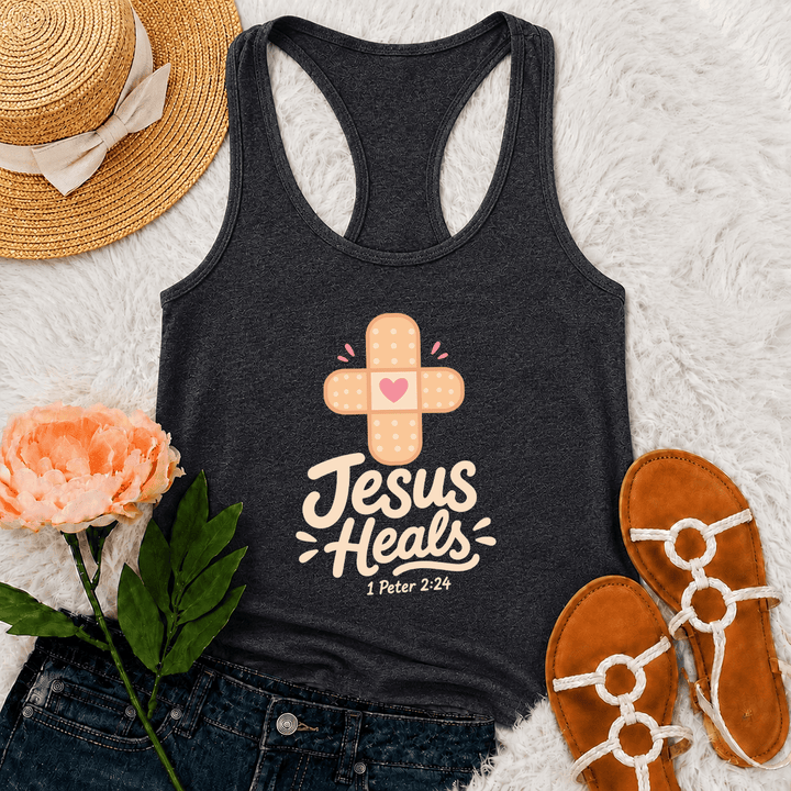 Christianartworkshop Jesus heilt Kreuz Pflaster Herz Cartoon Grafik 1 Petrus 2:24 Racerback Tank Top - Grau - 2XL - image 9
