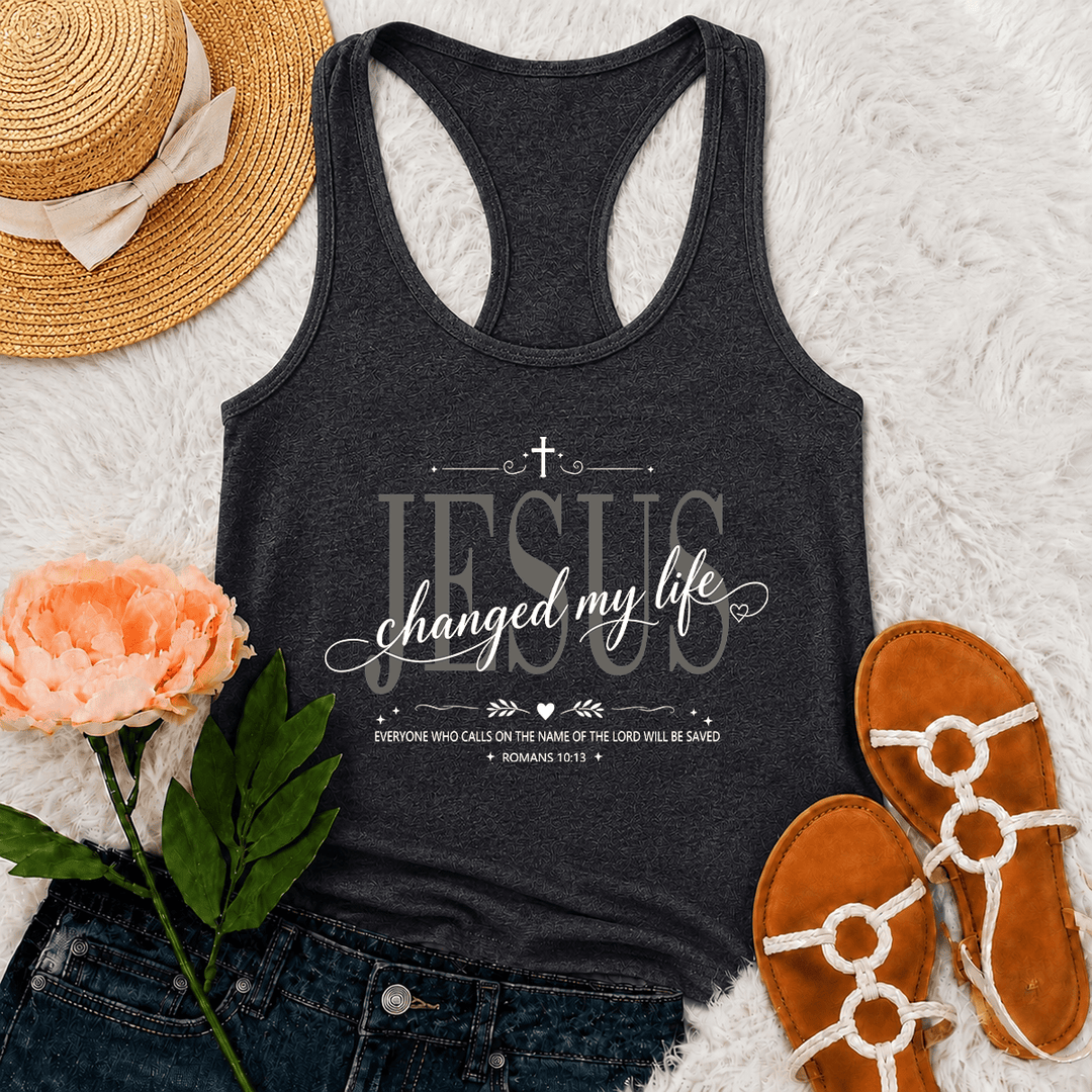 Christianartworkshop Jesus hat mein Leben verändert – Zweifarbige Schriftart, Kreuz, Herz, Römer 10,13, dekorativer Rahmen, Grafik, Racerback-Tanktop - Grau - 2XL - image 15