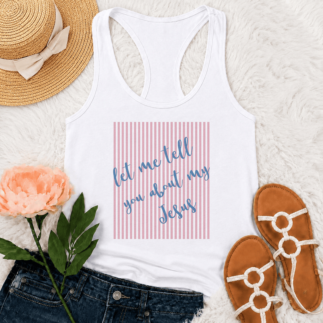 Christianartworkshop Tanktop mit schräger, handgeschriebener Aufschrift „Lass mich dir von meinem Jesus erzählen“ und gestreiftem Blockdruck-Hintergrundmuster - Weiß - 2XL - image 0