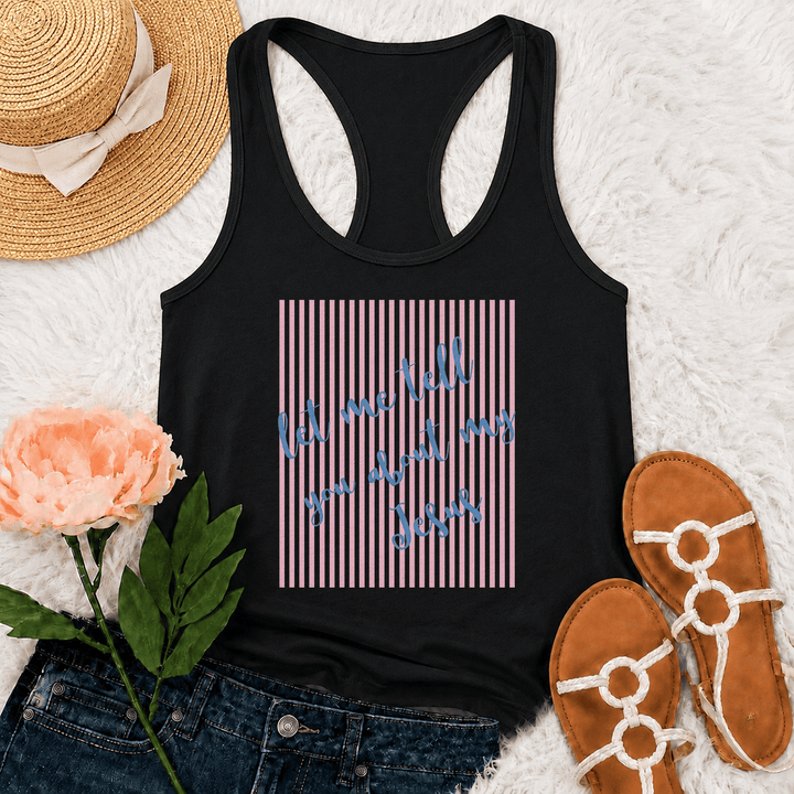 Christianartworkshop Tanktop mit schrägem, handgeschriebenem Schriftzug „Let Me Tell You About My Jesus“ und gestreiftem Blockdruck-Hintergrund - Schwarz - 2XL - image 3