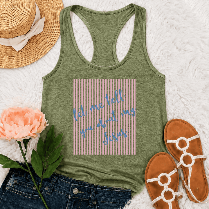 Christianartworkshop Tanktop mit schrägem, handgeschriebenem Schriftzug „Let Me Tell You About My Jesus“ und gestreiftem Blockdruck-Hintergrund - Olivgrün - 2XL - image 26