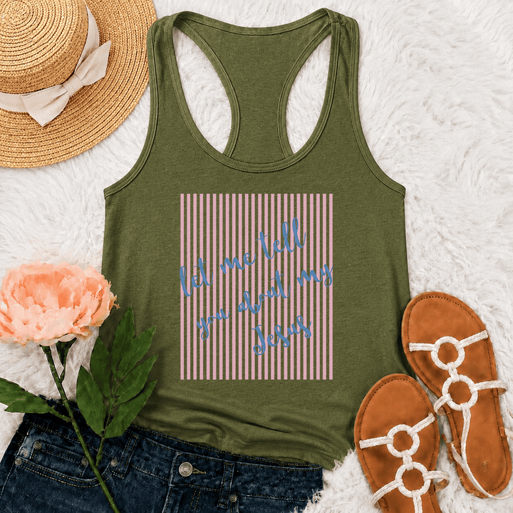 Christianartworkshop Tanktop mit schrägem, handgeschriebenem Schriftzug „Let Me Tell You About My Jesus“ und gestreiftem Blockdruck-Hintergrund - Armeegrün - 2XL - image 20