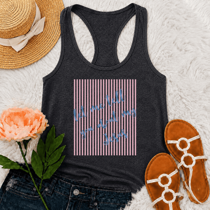 Christianartworkshop Tanktop mit schräger, handgeschriebener Aufschrift „Lass mich dir von meinem Jesus erzählen“ und gestreiftem Blockdruck-Hintergrundmuster - Grau - 2XL - image 14