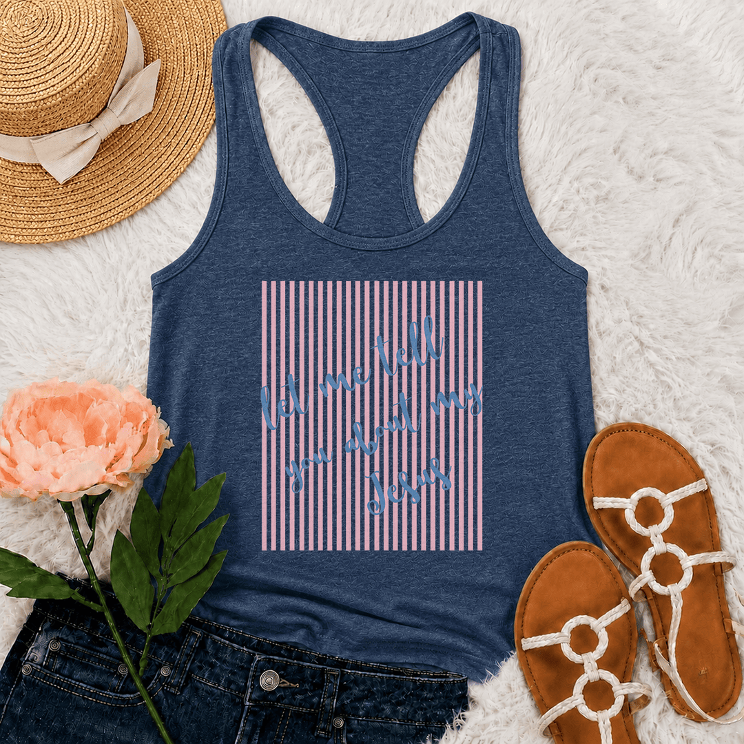 Christianartworkshop Tanktop mit schrägem, handgeschriebenem Schriftzug „Let Me Tell You About My Jesus“ und gestreiftem Blockdruck-Hintergrund - Marineblau - 2XL - image 23