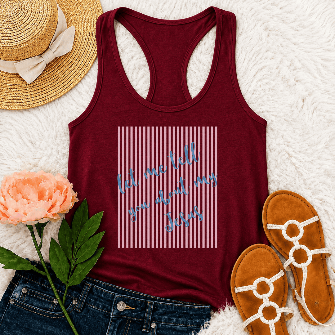 Christianartworkshop Tanktop mit schrägem, handgeschriebenem Schriftzug „Let Me Tell You About My Jesus“ und gestreiftem Blockdruck-Hintergrund - Wein - 2XL - image 12