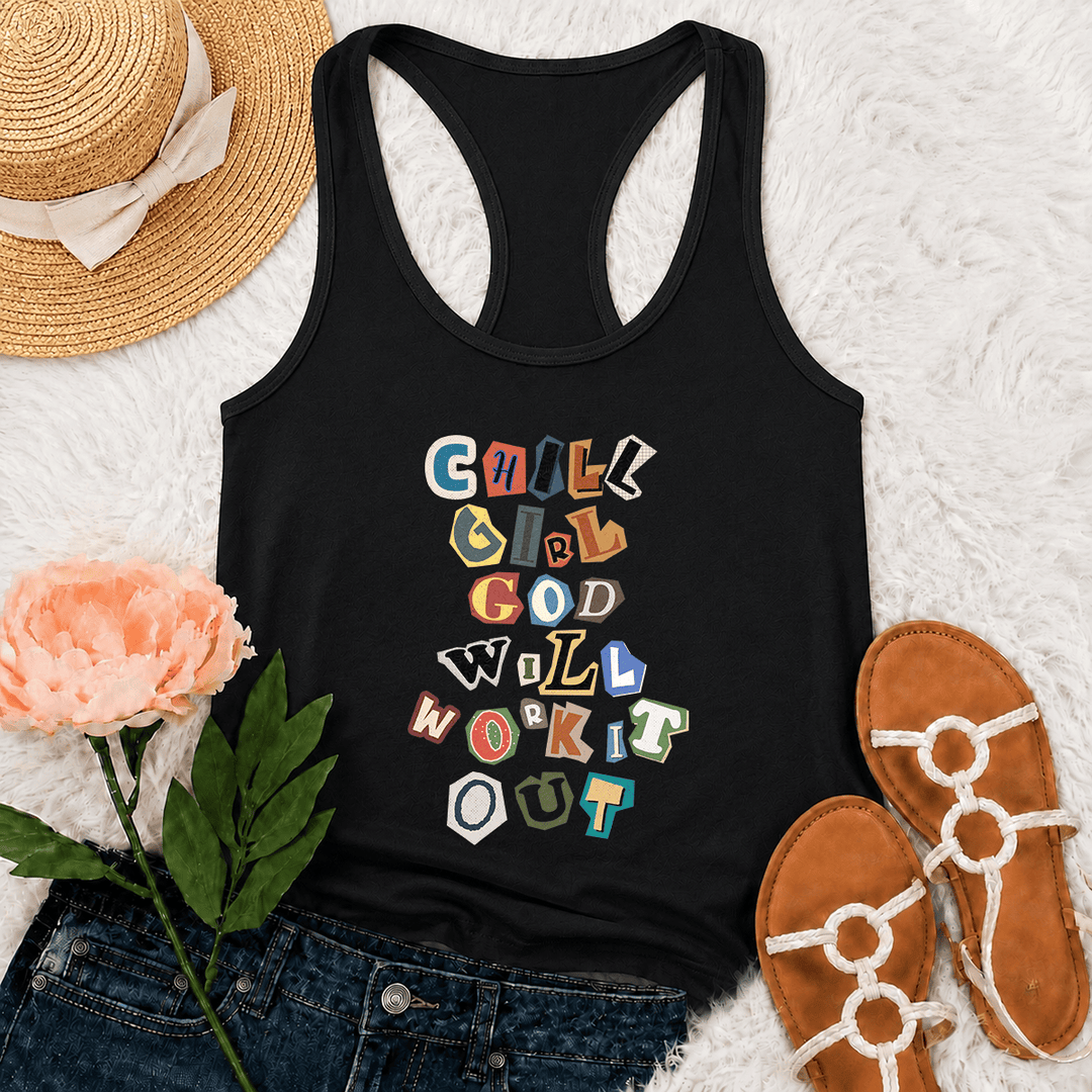Christianartworkshop Chill Girl God Will Work It Out Lösegeldforderung ausgeschnittenes Papier gemischte Buchstaben vertikaler Stapel Grafik Racerback Tank Top - Schwarz - 2XL - image 6