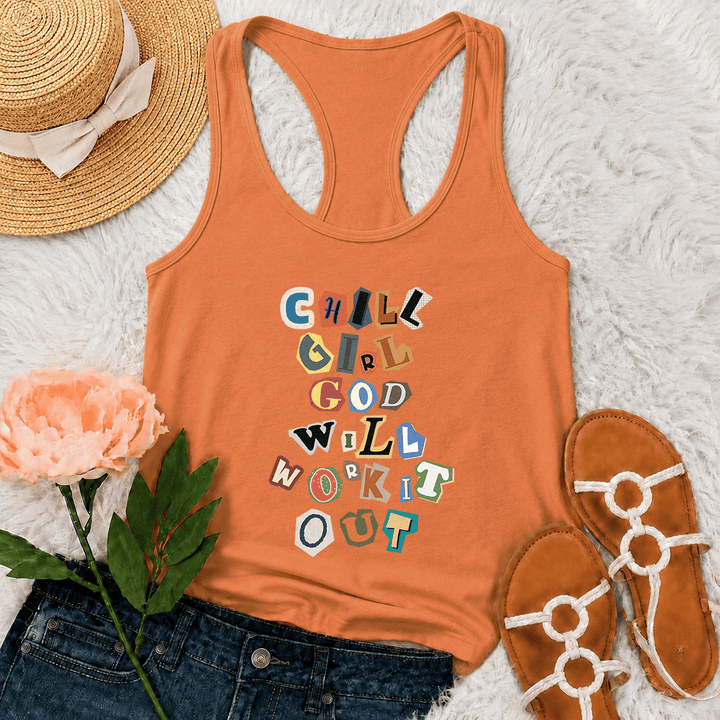 Christianartworkshop Chill Girl God Will Work It Out Lösegeldforderung Ausgeschnittenes Papier Gemischte Buchstaben Vertikaler Stapel Grafik Racerback Tank Top - Orange - 2XL - image 21