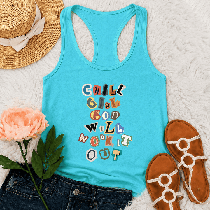 Christianartworkshop Chill Girl God Will Work It Out Lösegeldforderung Ausgeschnittenes Papier Gemischte Buchstaben Vertikaler Stapel Grafik Racerback Tank Top - Minze - 2XL - image 9