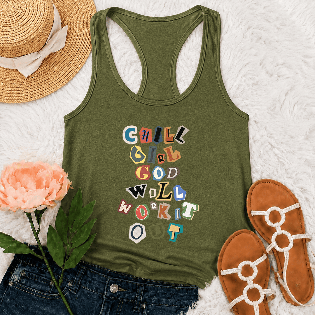 Christianartworkshop Chill Girl God Will Work It Out Lösegeldforderung Ausgeschnittenes Papier Gemischte Buchstaben Vertikaler Stapel Grafik Racerback Tank Top - Armeegrün - 2XL - image 24