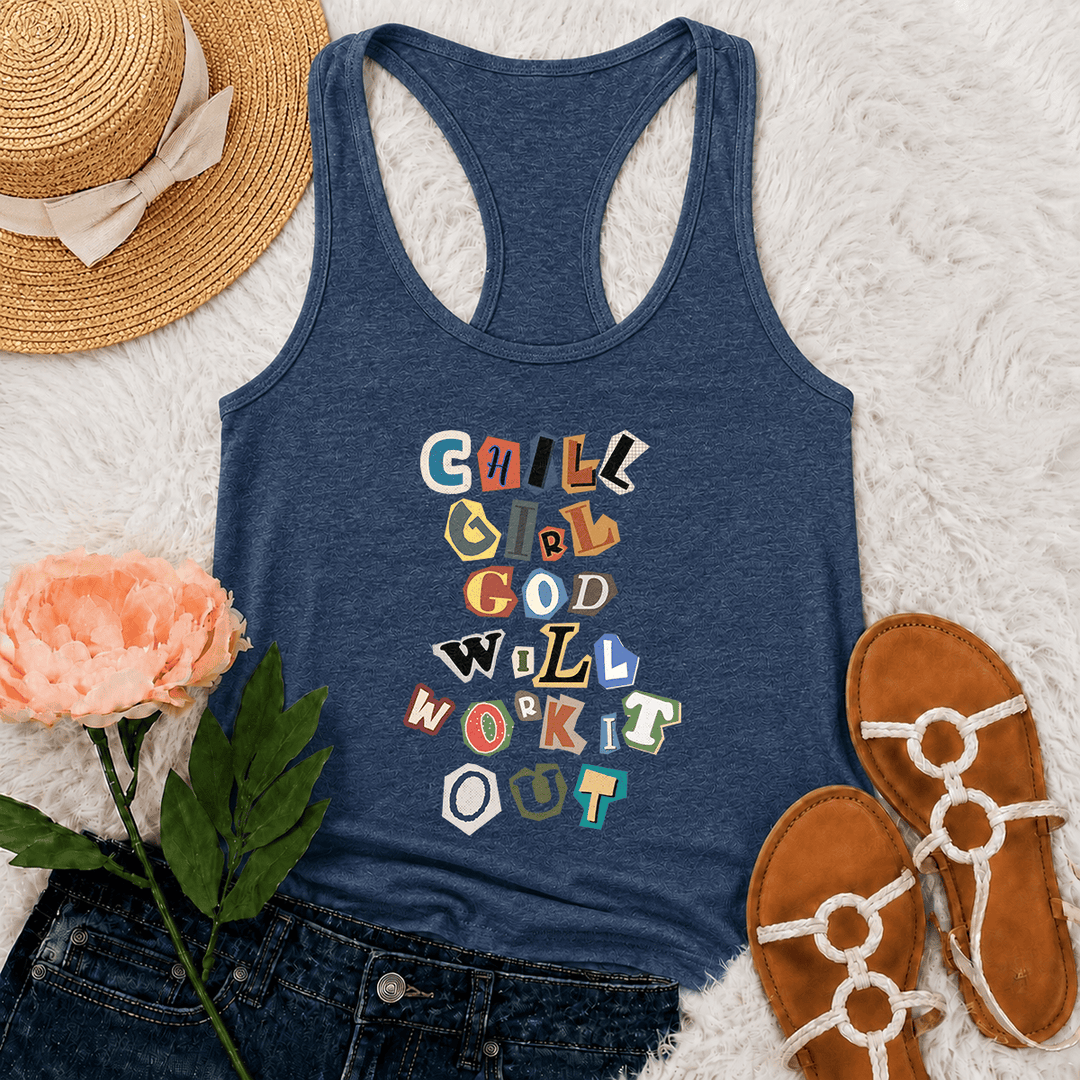 Christianartworkshop Chill Girl God Will Work It Out Lösegeldforderung Ausgeschnittenes Papier Gemischte Buchstaben Vertikaler Stapel Grafik Racerback Tank Top - Marineblau - 2XL - image 27