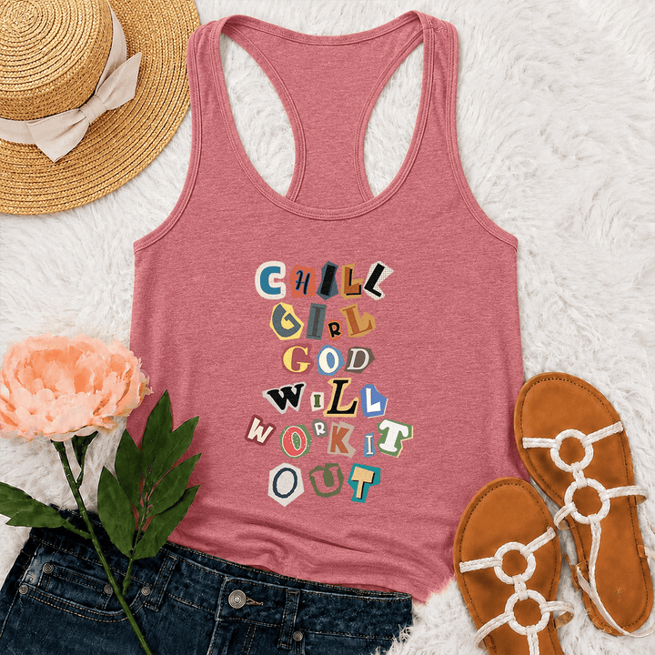 Christianartworkshop Chill Girl God Will Work It Out Lösegeldforderung Ausgeschnittenes Papier Gemischte Buchstaben Vertikaler Stapel Grafik Racerback Tank Top - Rosa - 2XL - image 12