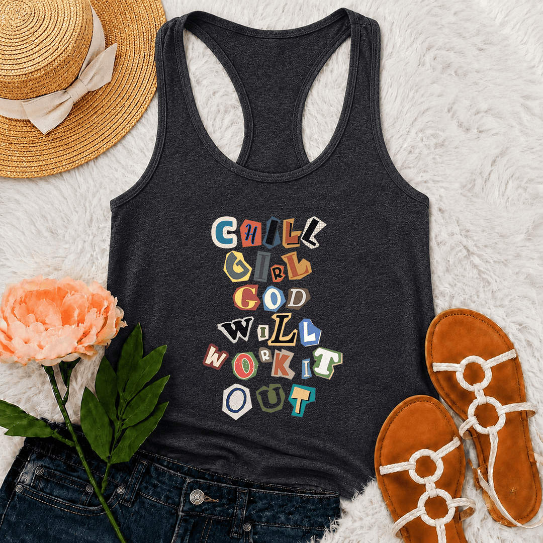 Christianartworkshop Chill Girl God Will Work It Out Lösegeldforderung Ausgeschnittenes Papier Gemischte Buchstaben Vertikaler Stapel Grafik Racerback Tank Top - Grau - 2XL - image 18