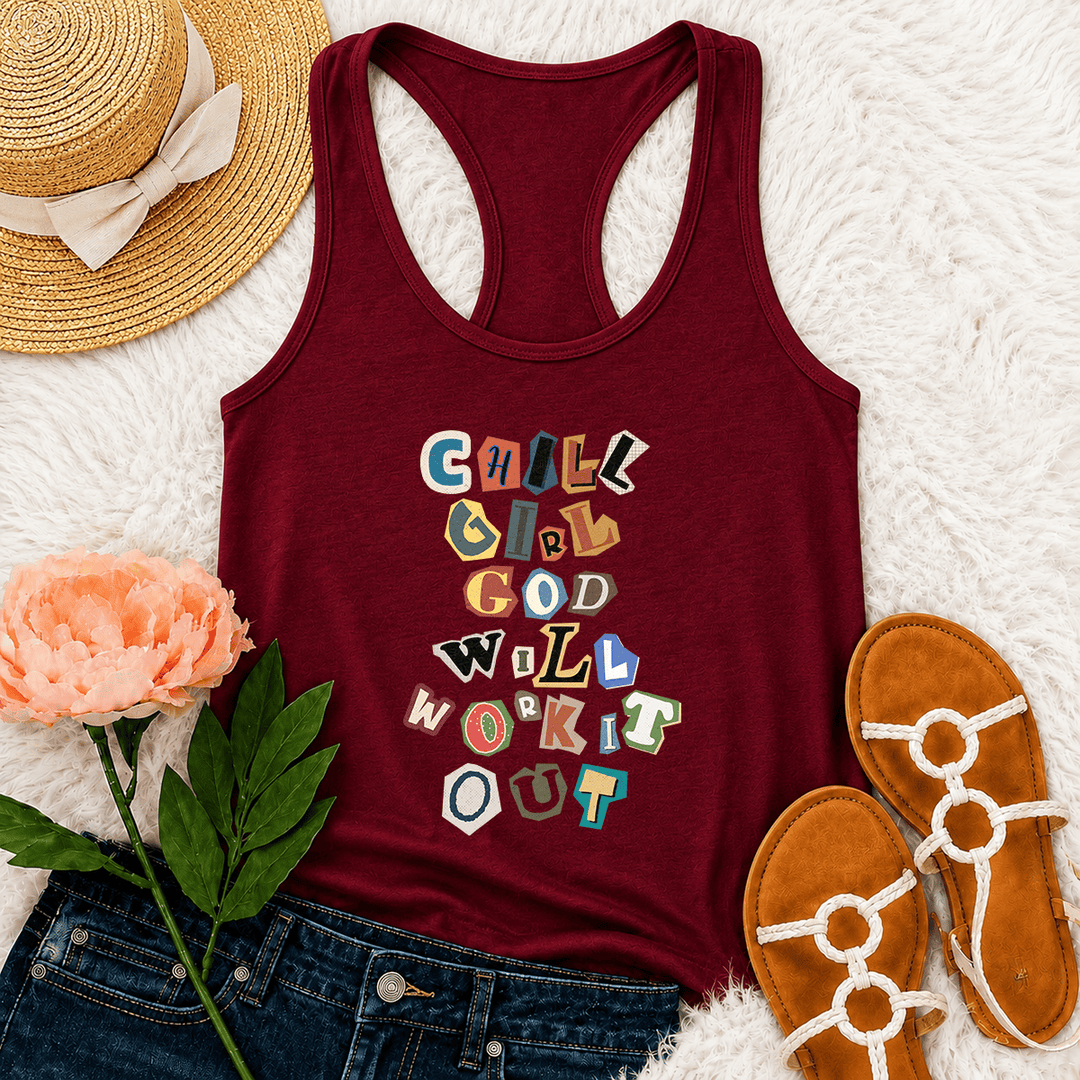 Christianartworkshop Chill Girl God Will Work It Out Lösegeldforderung Ausgeschnittenes Papier Gemischte Buchstaben Vertikaler Stapel Grafik Racerback Tank Top - Wein - 2XL - image 15