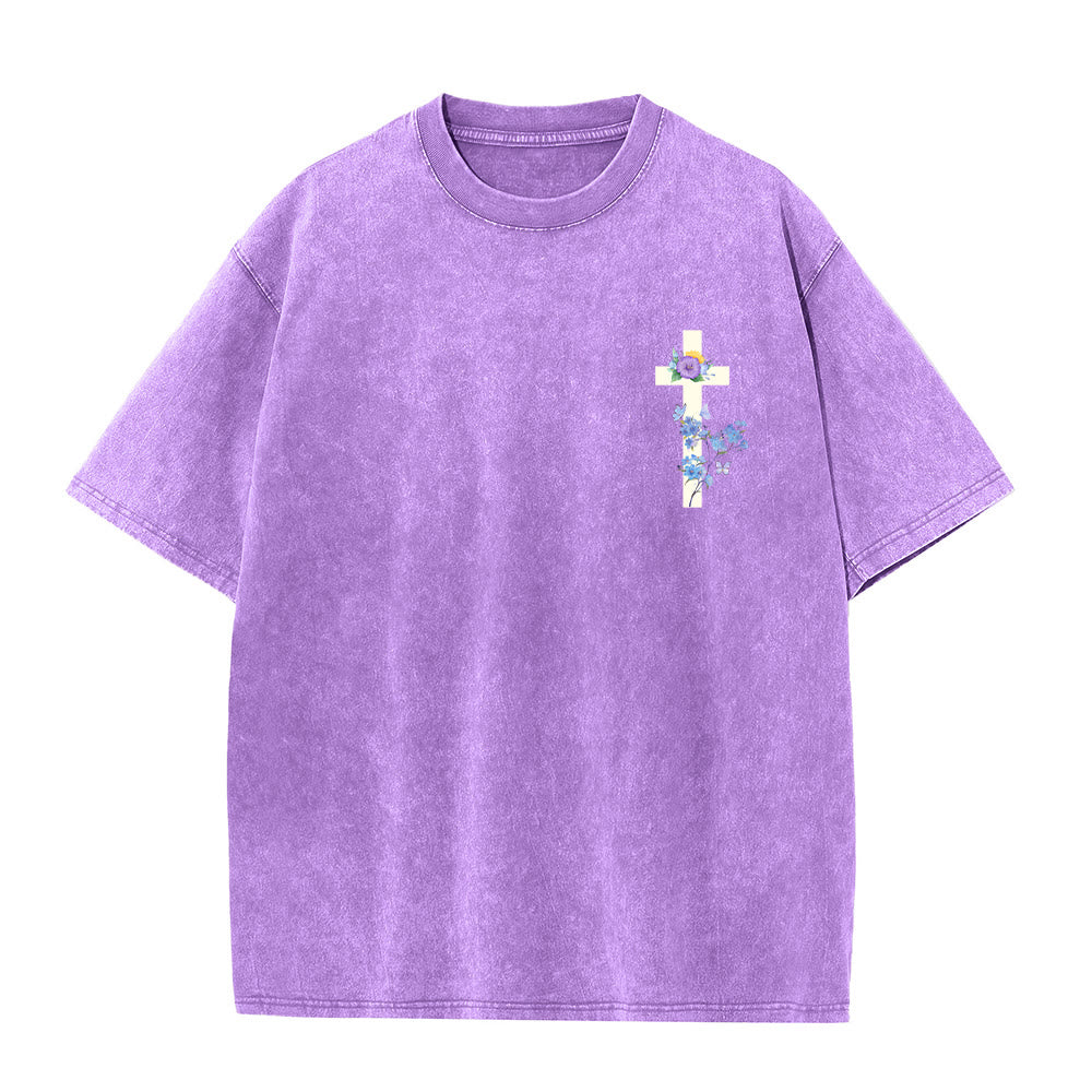 Christianartworkshop „It Is Well With My Soul“ – Aquarell-Wildblumen-Print, großflächiger Rückendruck, florales Kreuz auf der linken Brustseite, Vintage-Waschung, Unisex-T-Shirt - image 1