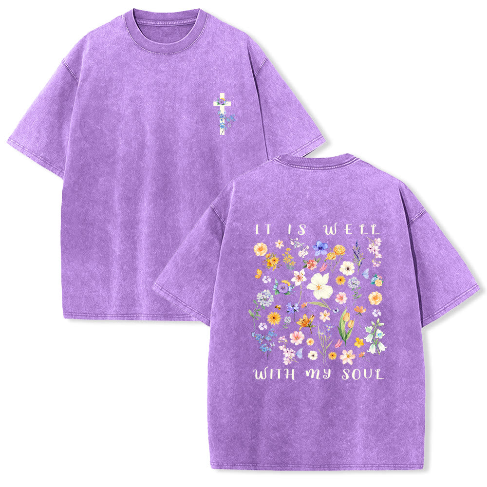 Christianartworkshop „It Is Well With My Soul“ – Aquarell-Wildblumen-Print, großflächiger Rückendruck, florales Kreuz auf der linken Brustseite, Vintage-Waschung, Unisex-T-Shirt - Lila - 5XL - image 0
