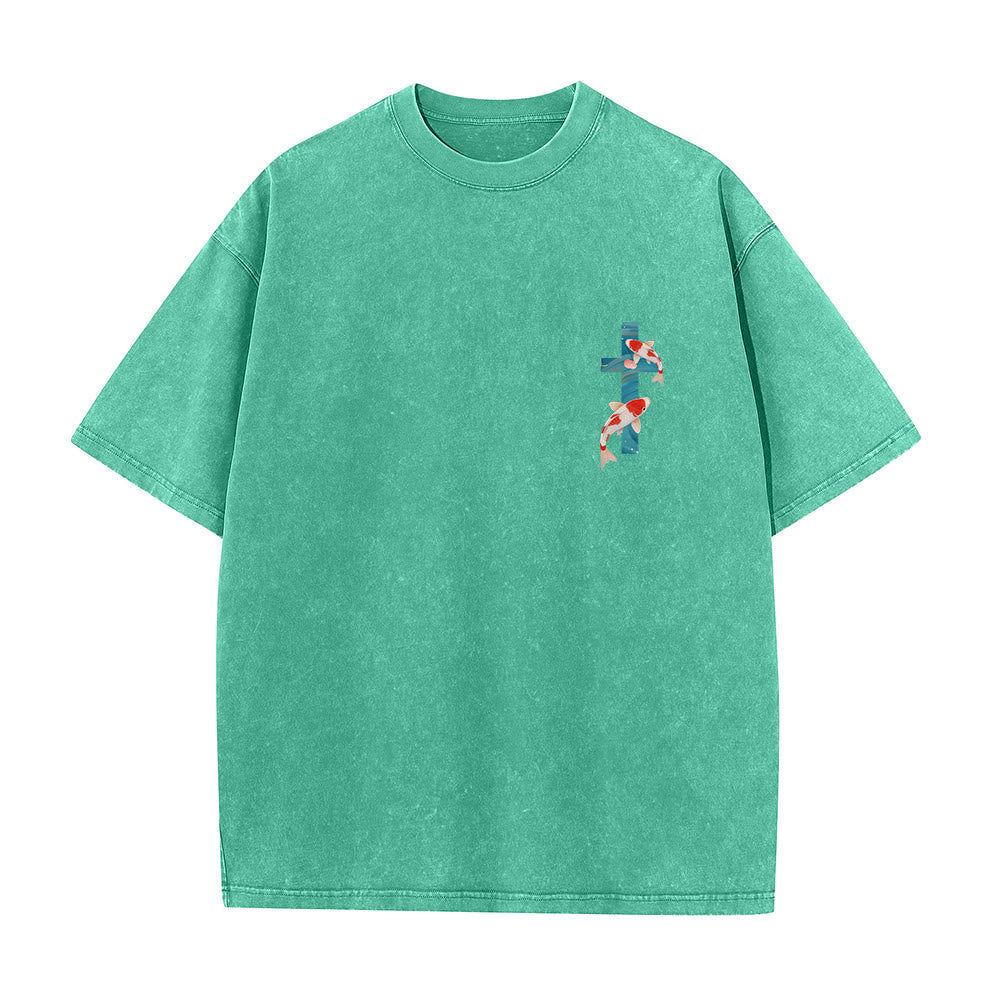 Christianartworkshop Gebogener Bogen, Schriftzug Jesaja 43,2, Orientalisches Koi-Blumenarrangement, Doppelseitiges, gewaschenes Unisex-T-Shirt mit Glaubensmotiv - image 4