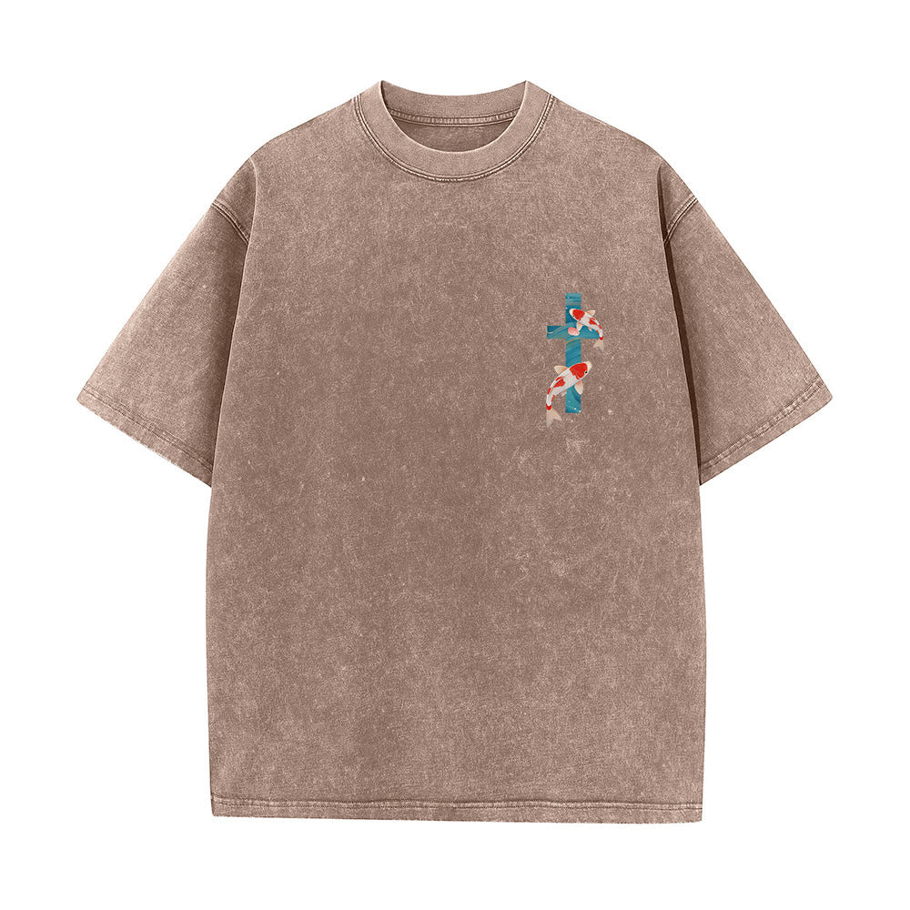 Christianartworkshop Gebogener Bogen, Schriftzug Jesaja 43,2, Orientalisches Koi-Blumenarrangement, Doppelseitiges, gewaschenes Unisex-T-Shirt mit Glaubensmotiv - image 22