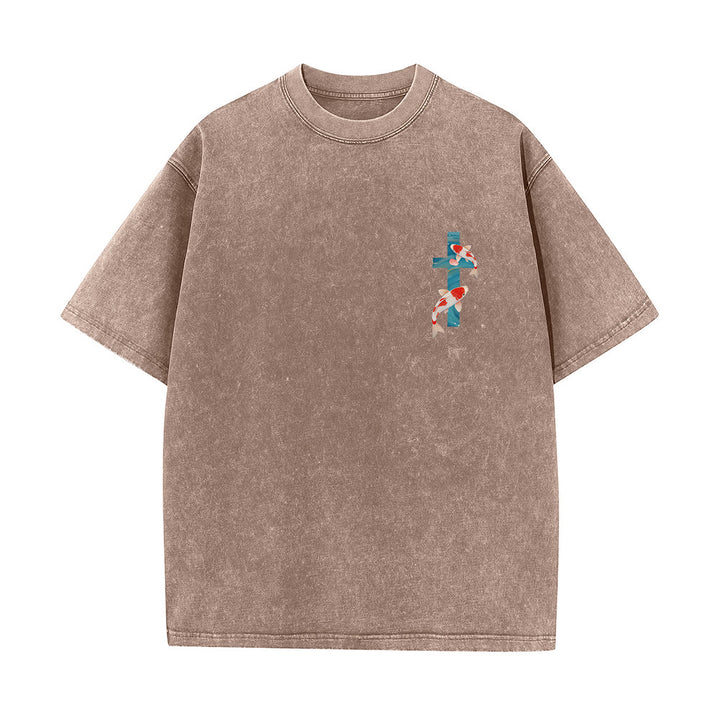 Christianartworkshop Gebogener Bogen, Schriftzug Jesaja 43,2, Orientalisches Koi-Blumenarrangement, Doppelseitiges, gewaschenes Unisex-T-Shirt mit Glaubensmotiv - image 22