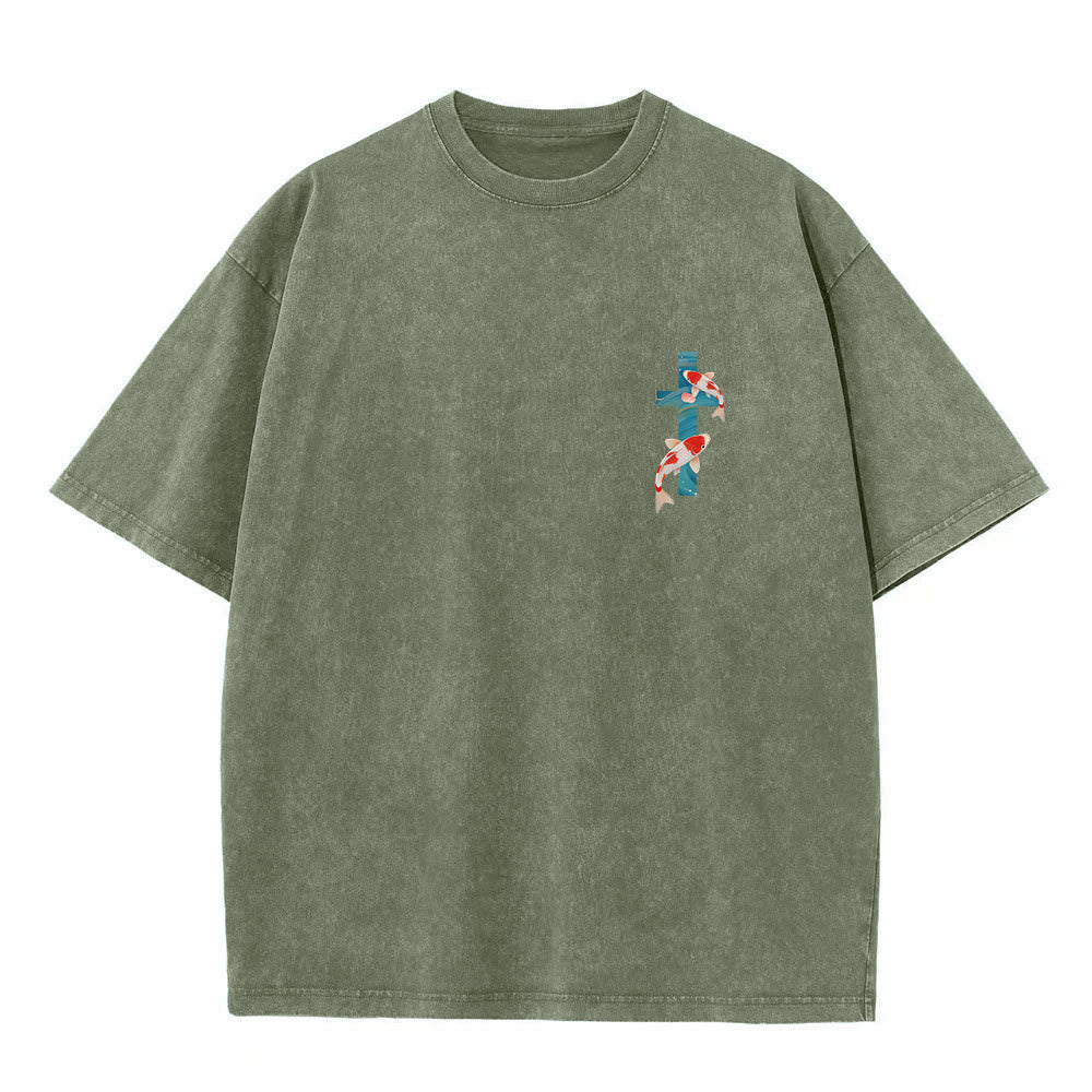 Christianartworkshop Gebogener Bogen, Schriftzug Jesaja 43,2, Orientalisches Koi-Blumenarrangement, Doppelseitiges, gewaschenes Unisex-T-Shirt mit Glaubensmotiv - image 19