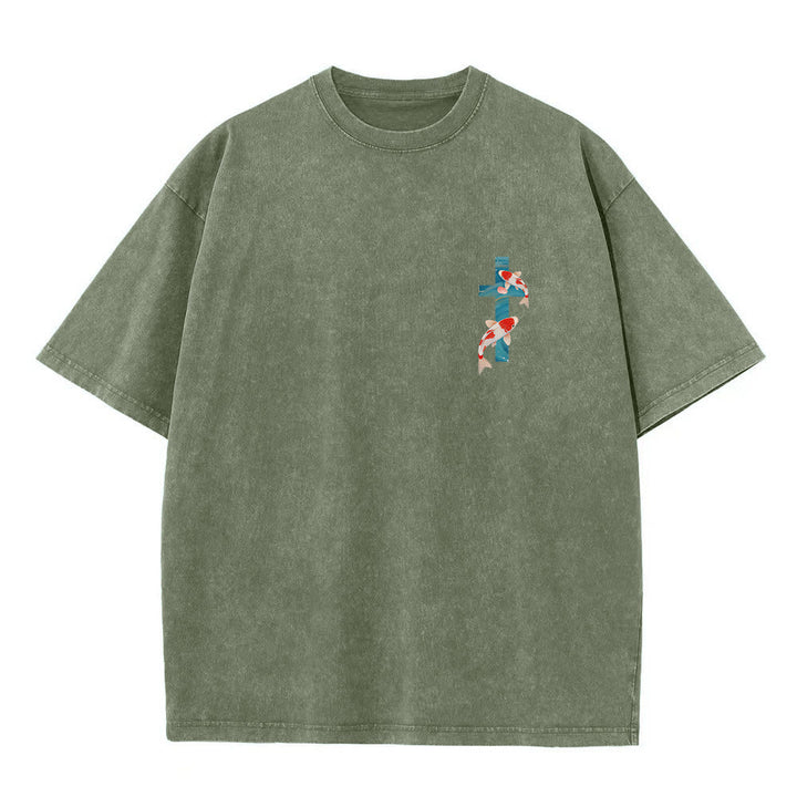 Christianartworkshop Gebogener Bogen, Schriftzug Jesaja 43,2, Orientalisches Koi-Blumenarrangement, Doppelseitiges, gewaschenes Unisex-T-Shirt mit Glaubensmotiv - image 19