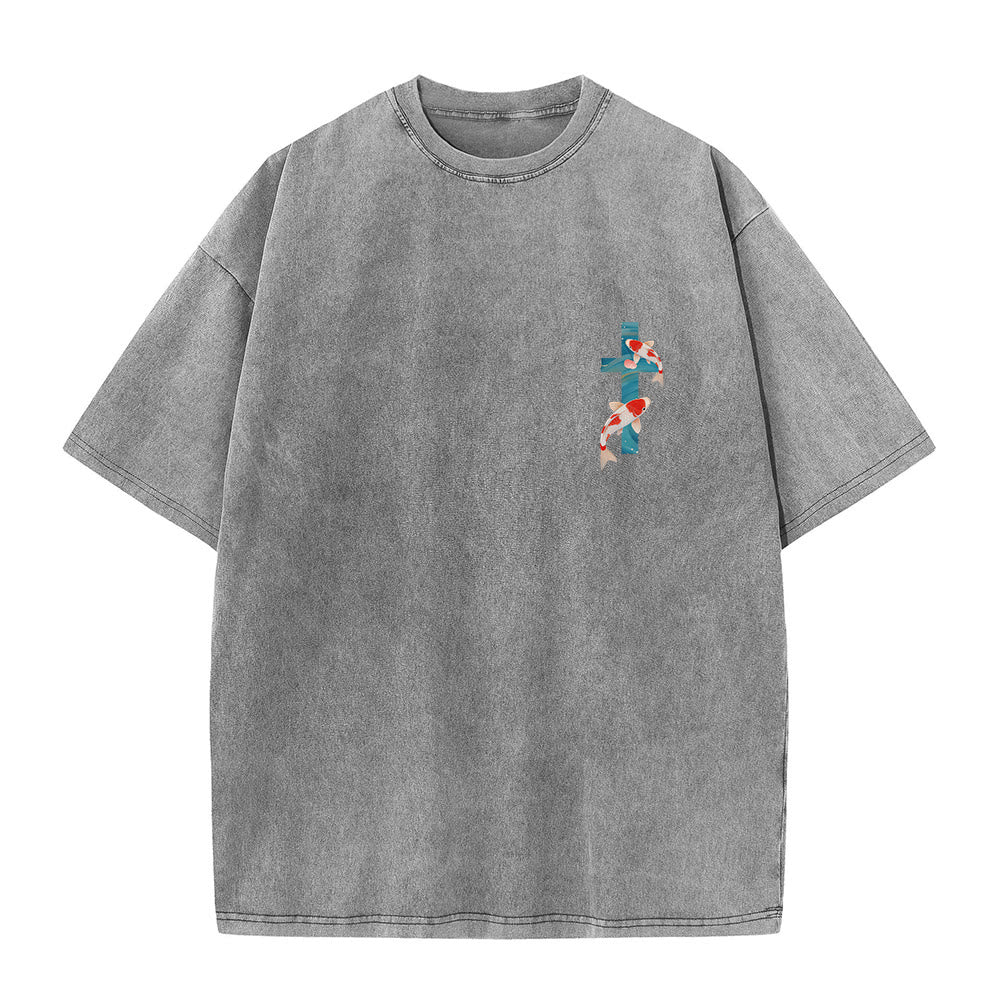 Christianartworkshop Gebogener Bogen, Schriftzug Jesaja 43,2, Orientalisches Koi-Blumenarrangement, Doppelseitiges, gewaschenes Unisex-T-Shirt mit Glaubensmotiv - image 25