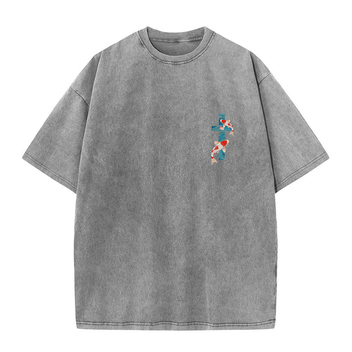 Christianartworkshop Gebogener Bogen, Schriftzug Jesaja 43,2, Orientalisches Koi-Blumenarrangement, Doppelseitiges, gewaschenes Unisex-T-Shirt mit Glaubensmotiv - image 25