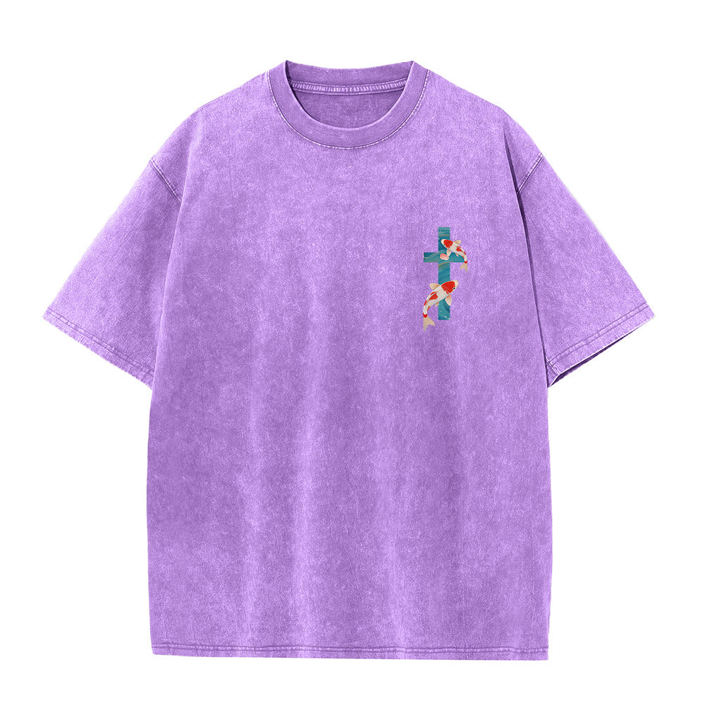 Christianartworkshop Gebogener Bogen, Schriftzug Jesaja 43,2, Orientalisches Koi-Blumenarrangement, Doppelseitiges, gewaschenes Unisex-T-Shirt mit Glaubensmotiv - image 7