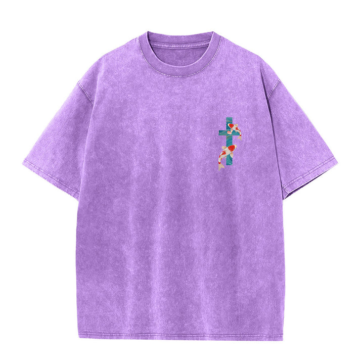 Christianartworkshop Gebogener Bogen, Schriftzug Jesaja 43,2, Orientalisches Koi-Blumenarrangement, Doppelseitiges, gewaschenes Unisex-T-Shirt mit Glaubensmotiv - image 7