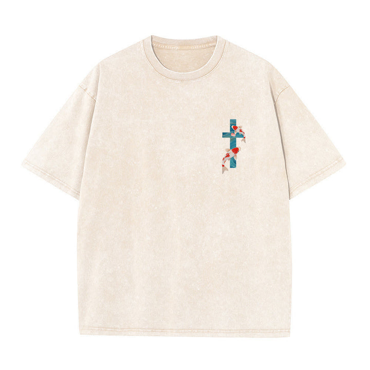 Christianartworkshop Gebogener Bogen, Schriftzug Jesaja 43,2, Orientalisches Koi-Blumenarrangement, Doppelseitiges, gewaschenes Unisex-T-Shirt mit Glaubensmotiv - image 1