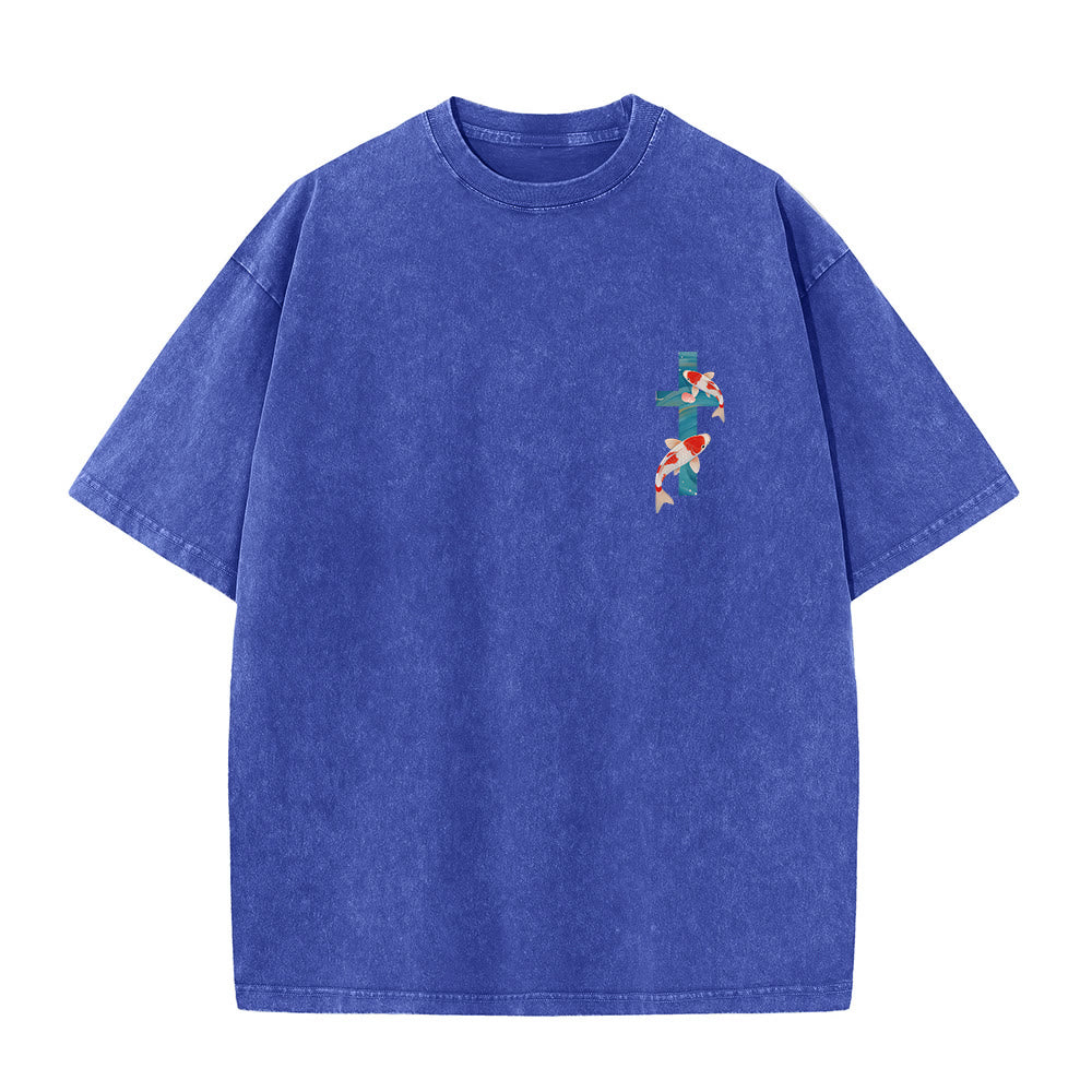 Christianartworkshop Gebogener Bogen, Schriftzug Jesaja 43,2, Orientalisches Koi-Blumenarrangement, Doppelseitiges, gewaschenes Unisex-T-Shirt mit Glaubensmotiv - image 17