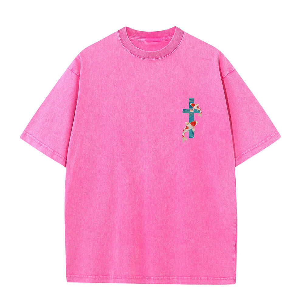 Christianartworkshop Gebogener Bogen, Schriftzug Jesaja 43,2, Orientalisches Koi-Blumenarrangement, Doppelseitiges, gewaschenes Unisex-T-Shirt mit Glaubensmotiv - image 13