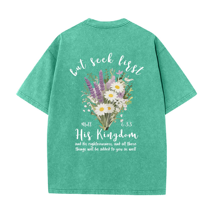 Christianartworkshop Mini-Lavendel-Gänseblümchenstrauß, großes florales Gesteck, inspirierender Vers, gewaschenes T-Shirt - image 8