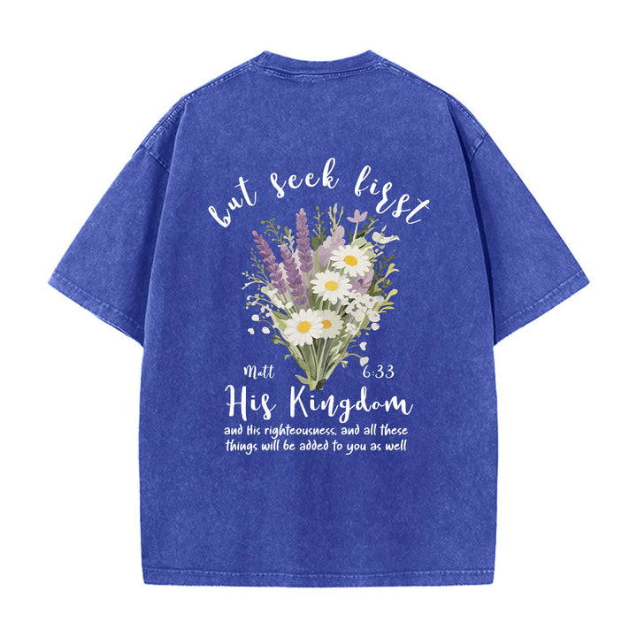 Christianartworkshop Mini-Lavendel-Gänseblümchenstrauß, großes florales Gesteck, inspirierender Vers, gewaschenes T-Shirt - image 20