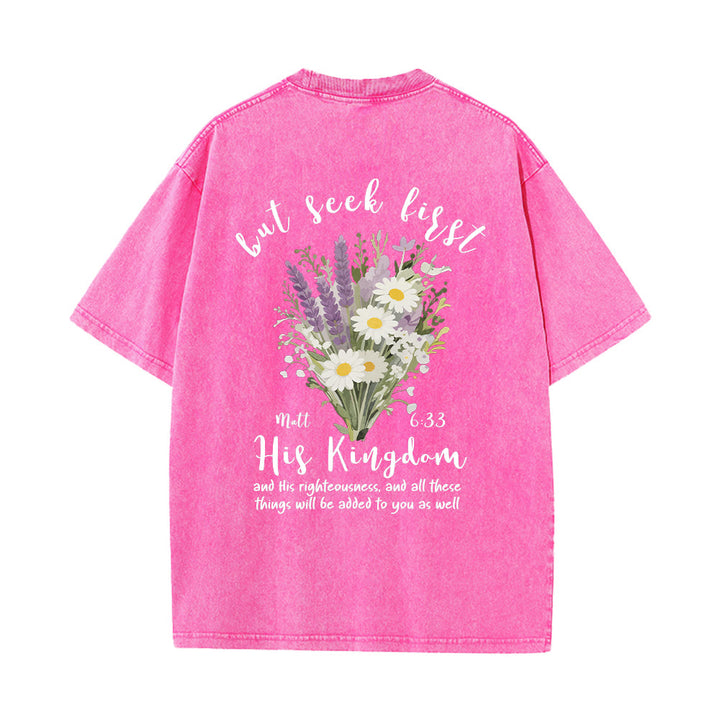 Christianartworkshop Mini-Lavendel-Gänseblümchenstrauß, großes florales Gesteck, inspirierender Vers, gewaschenes T-Shirt - image 17