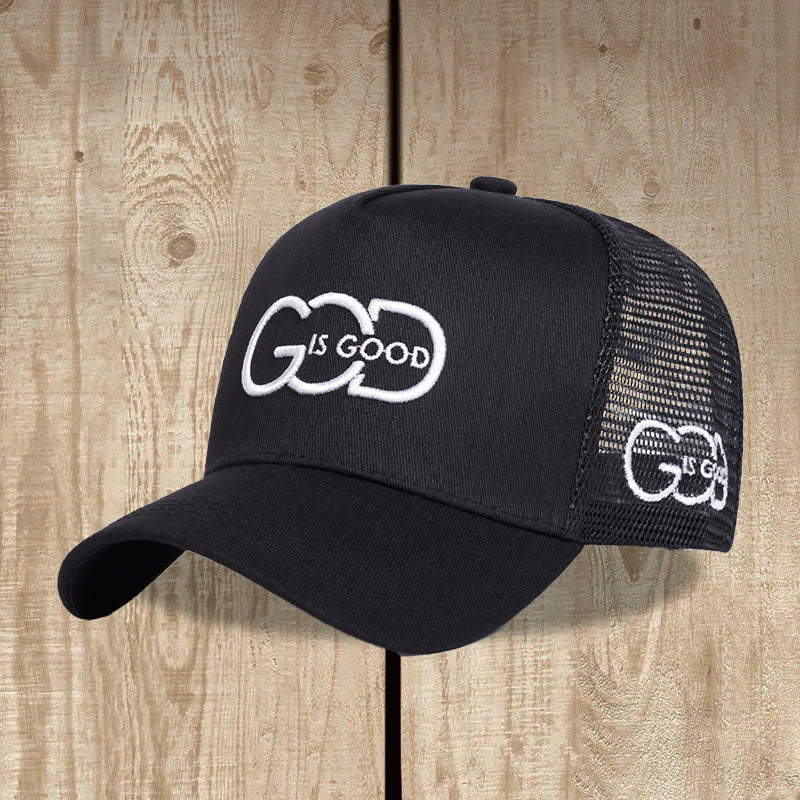 Christianartworkshop Minimalistische Trucker-Cap mit verbundenem Monogramm „God Is Good“, beidseitiger Stickerei, gebogenem Schirm und Mesh-Rückseite. - Schwarz - image 1